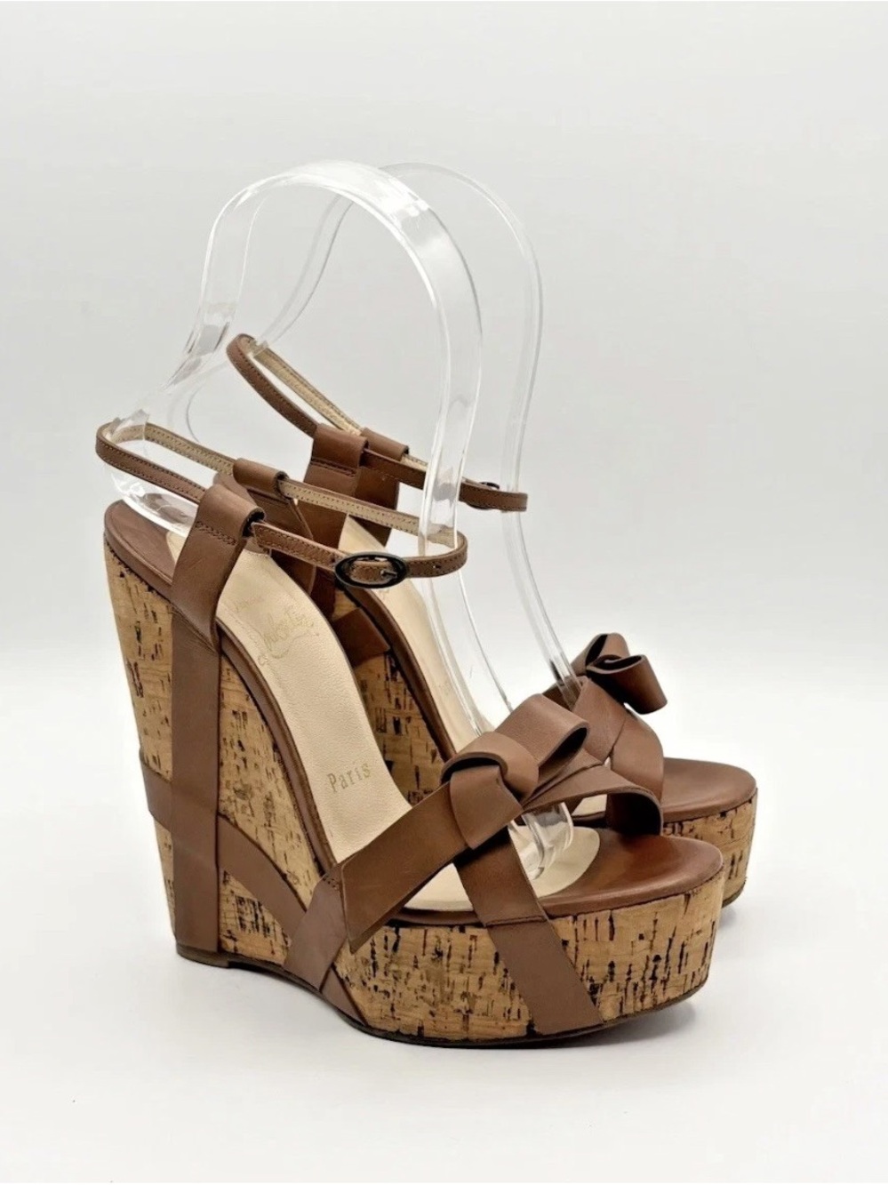 Christian Louboutin Brown Cork Platform Wedge Sandals with Bow